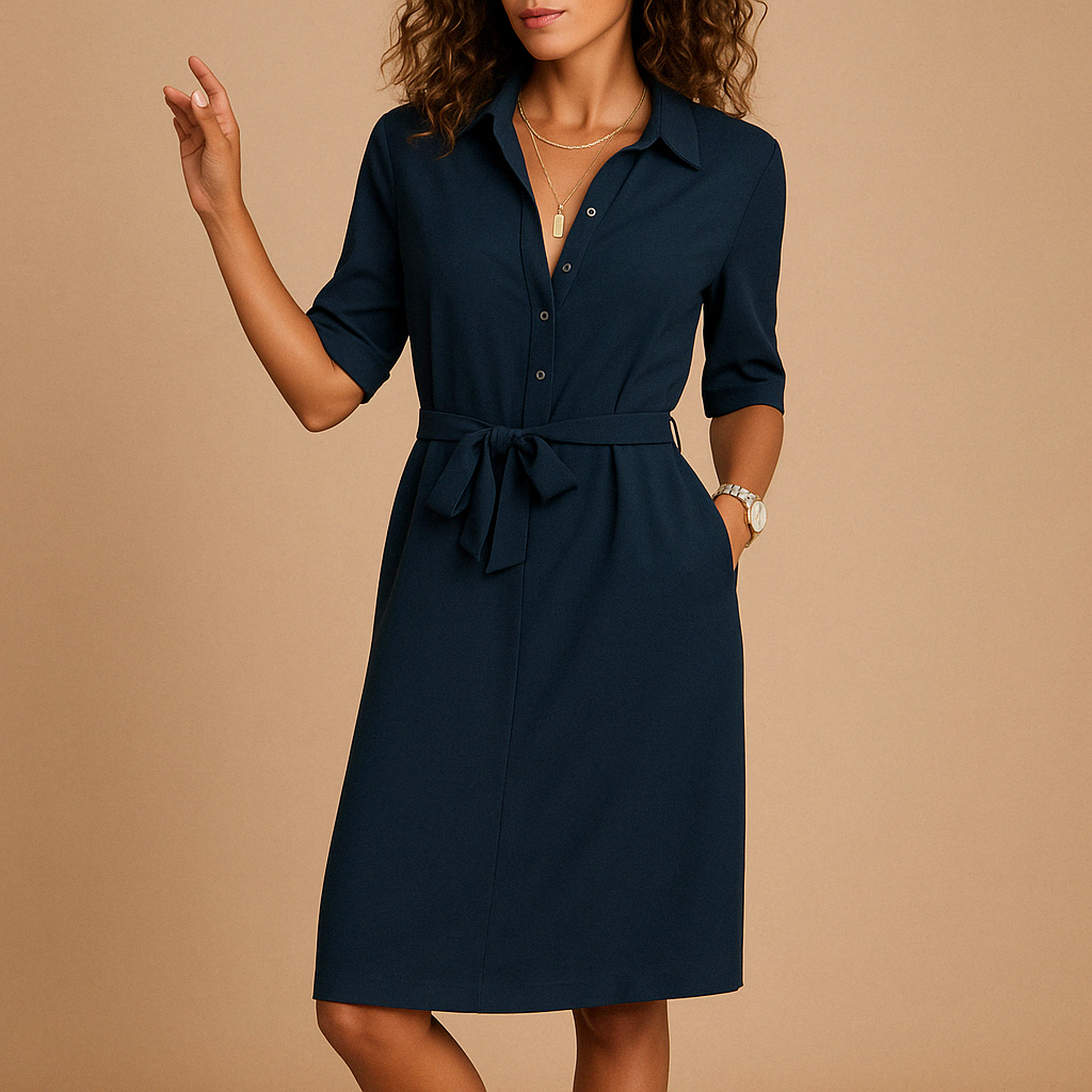 Dames marineblauwe midi blousejurk met driekwart mouwen