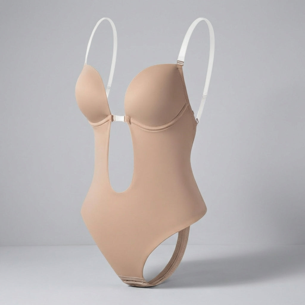 Figuurcorrigerende body shaper voor dames, met diepe V-hals en rugloos design voor een slanker silhouet.