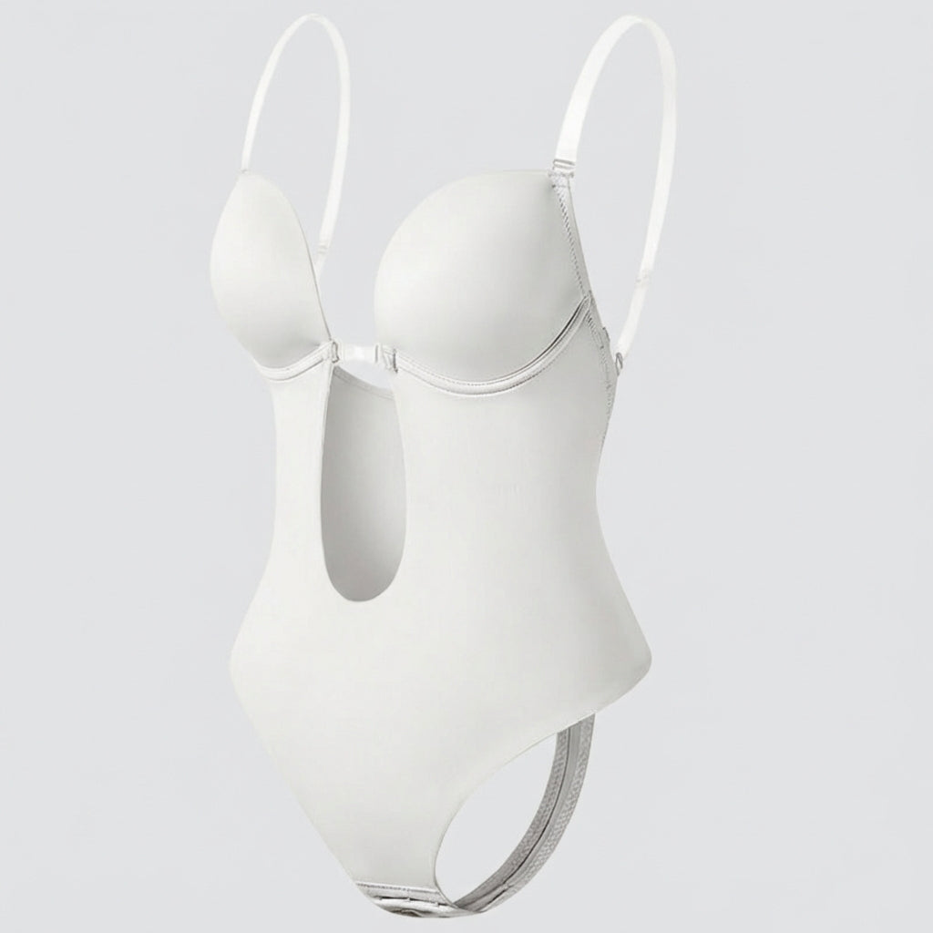 Dames shapewear met diepe V en rugloos design, biedt onzichtbare ondersteuning en comfortabel figuurcorrigerend effect.
