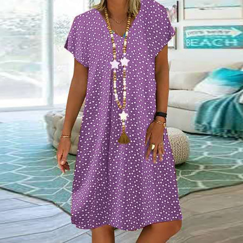 Trendy Boheemse V-hals damesjurk, comfortabel en perfect als strandjurk.