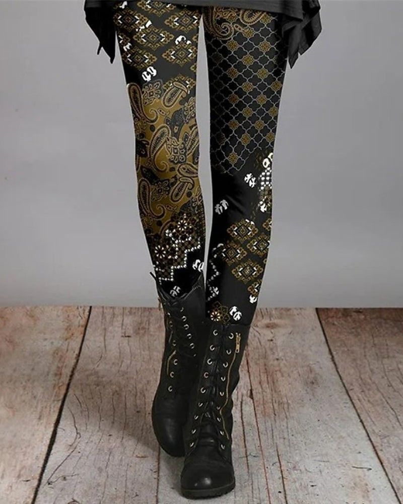 High waist dames leggings met gedetailleerde etnische patronen. Comfortabele en stijlvolle bohemian mode voor vrouwen.