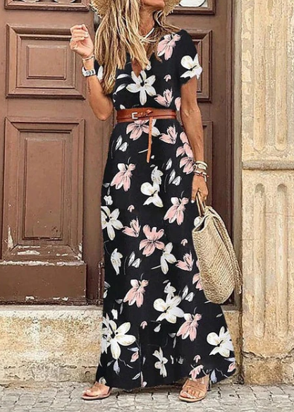 Veelzijdige boho maxi jurk voor dames, met V-hals en korte mouwen. Comfortabele en elegante zomerjurk.