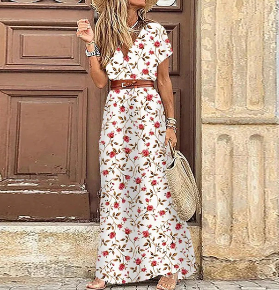 Stijlvolle dames zomerjurk: Boho maxi jurk met V-hals en korte mouwen, comfortabel en casual chic.