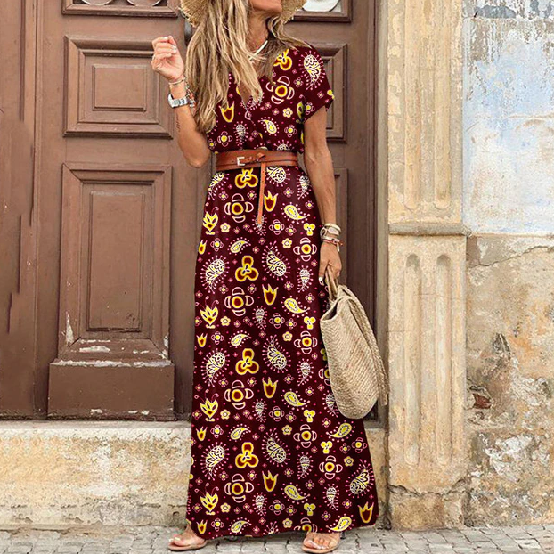 Damesmode: Prachtige boho maxi jurk met V-hals en korte mouwen, perfect voor lente en zomer.