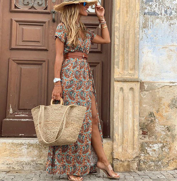 Lente/zomer damesjurk: Boho maxi jurk met V-hals, korte mouwen. Stijlvol, comfortabel en veelzijdig.