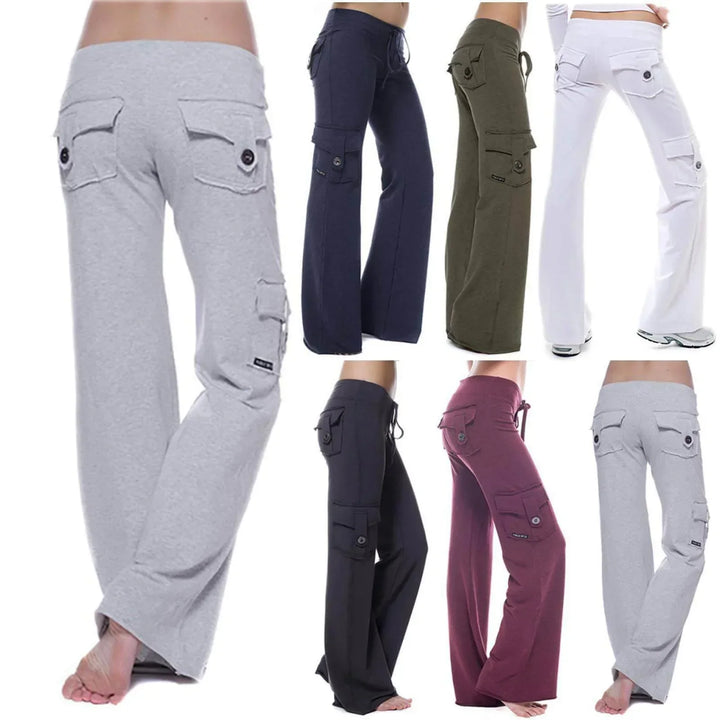 Close-up van de praktische zakken op de stijlvolle dames bootcut cargobroek Isabella.