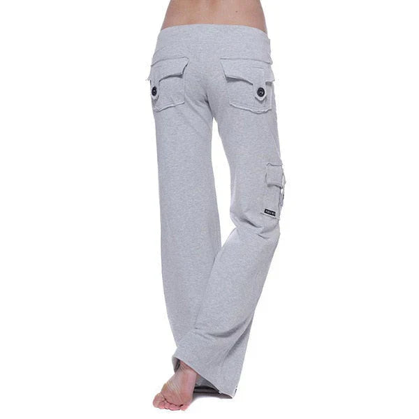 Dames cargobroek Isabella met elastische taille en bootcut pijpen, comfortabel en stijlvol.
