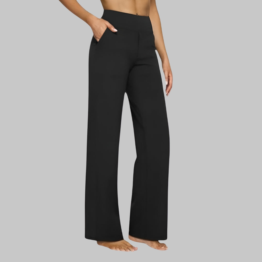 Trendy broek met hoge taille, wijde pijpen en functionele zakken
