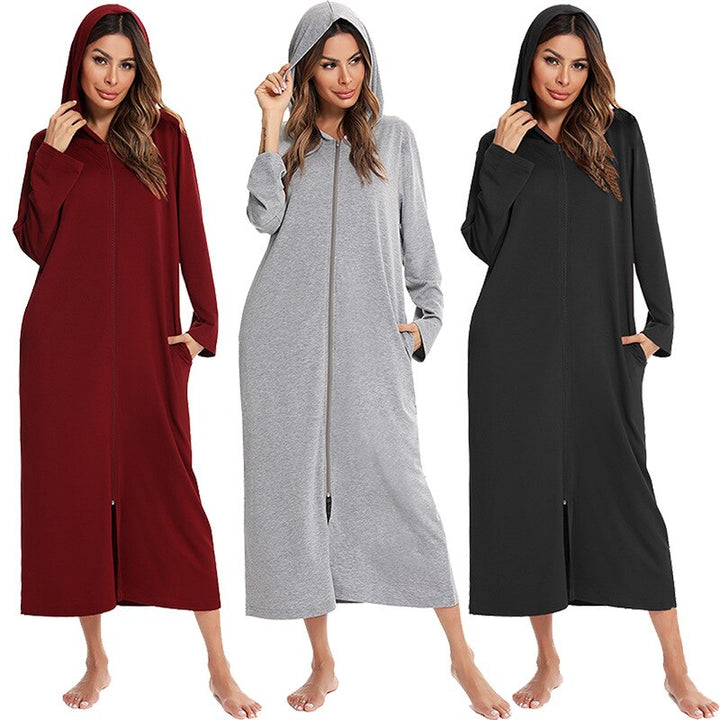 Dames capuchon badjas met rits, ideaal als comfortabele ochtendjas of loungewear.