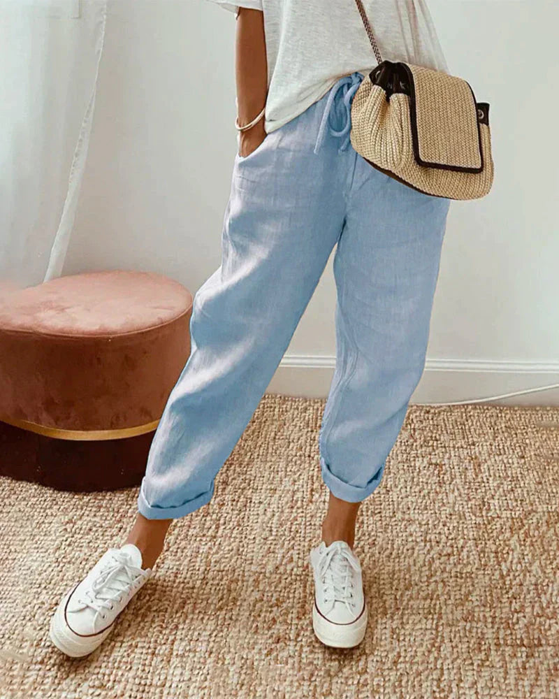 Dames casual linnen broek van Meav. Comfortabel, ademend en perfect voor de zomerse dagen.