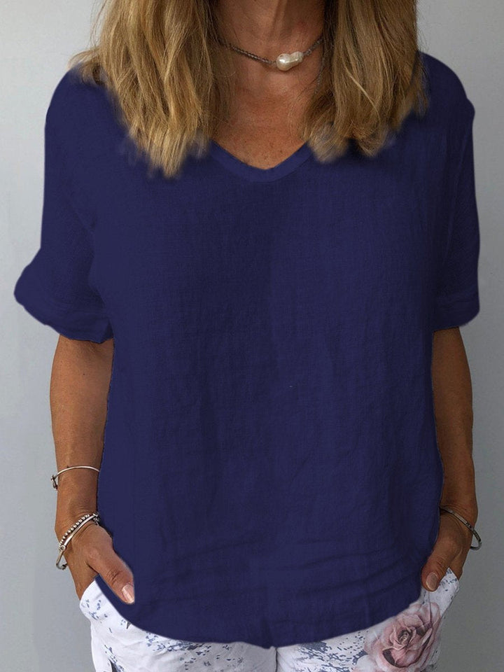Comfortabele dames top met V-hals en korte mouwen, perfect voor casual dagelijkse kleding in lente en zomer.