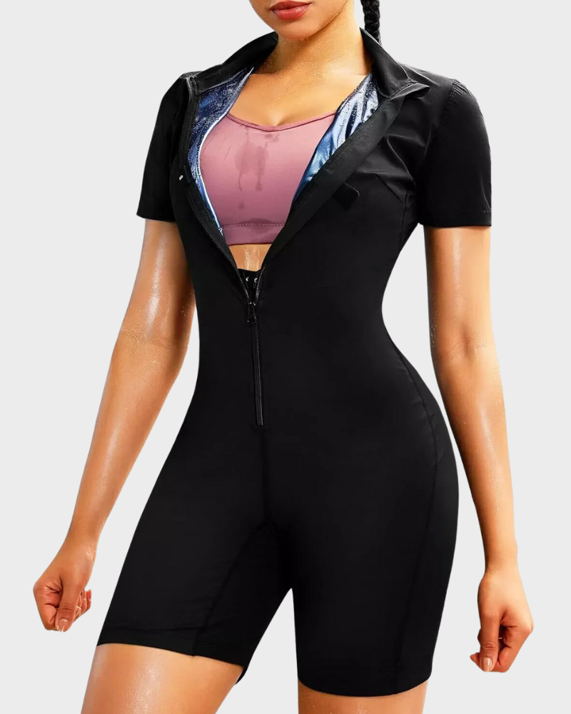 Celina dames full body shaper saunajumpsuit. Afslanken, sport, figuurcorrectie en workout. Zwarte sportkleding.