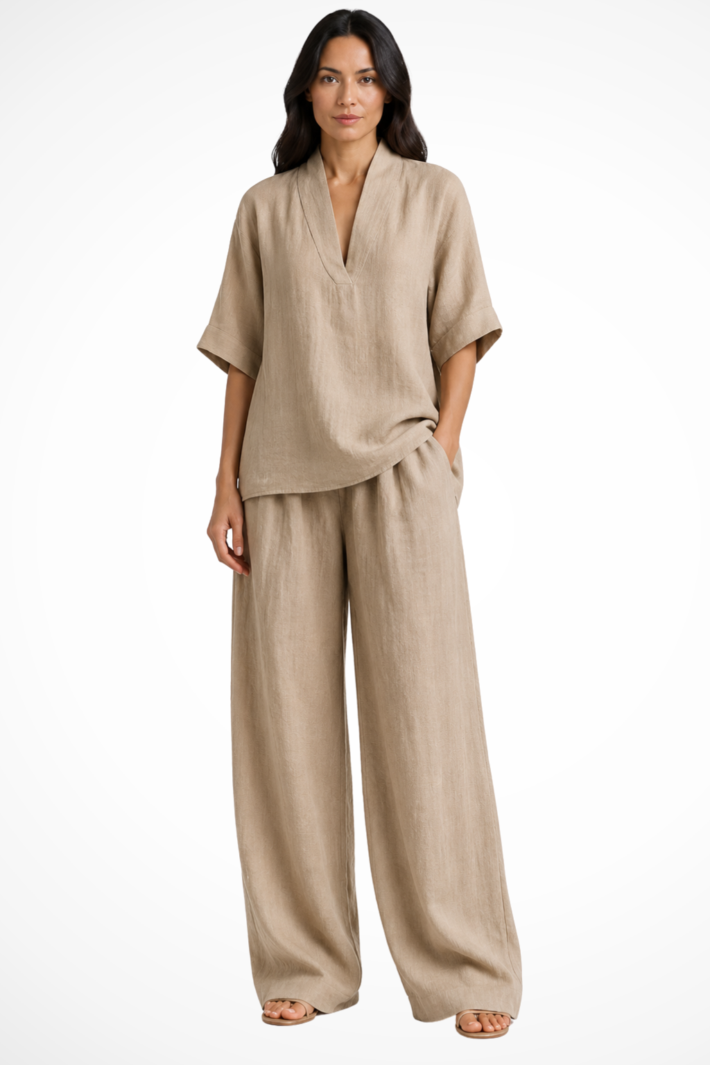 Stijlvolle tweedelige damesset met wijde pijpen en oversized top