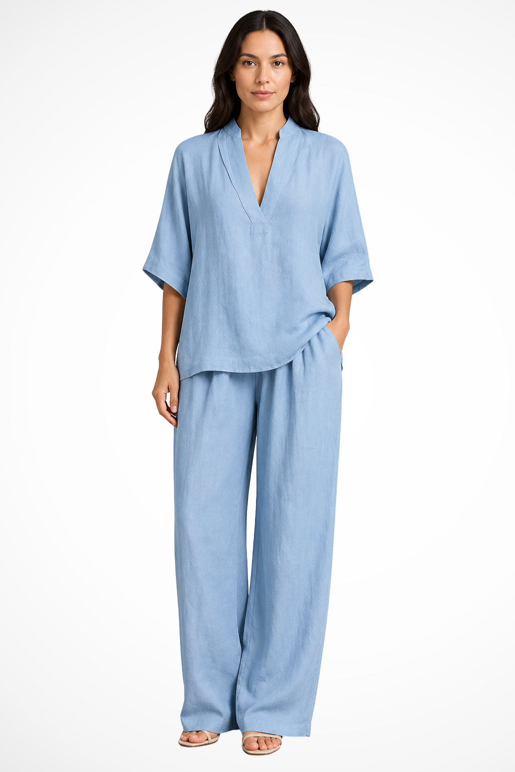 Elegante casual outfit met V-hals en broek met wijde pijpen