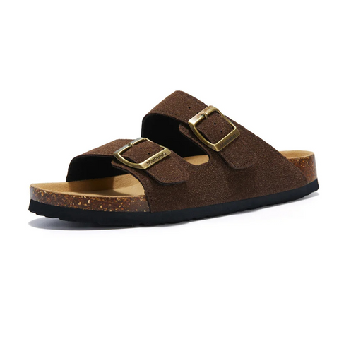 Verstelbare platte sandalen voor dames met comfortabel kurkvoetbed en antislipzool voor stabiliteit.