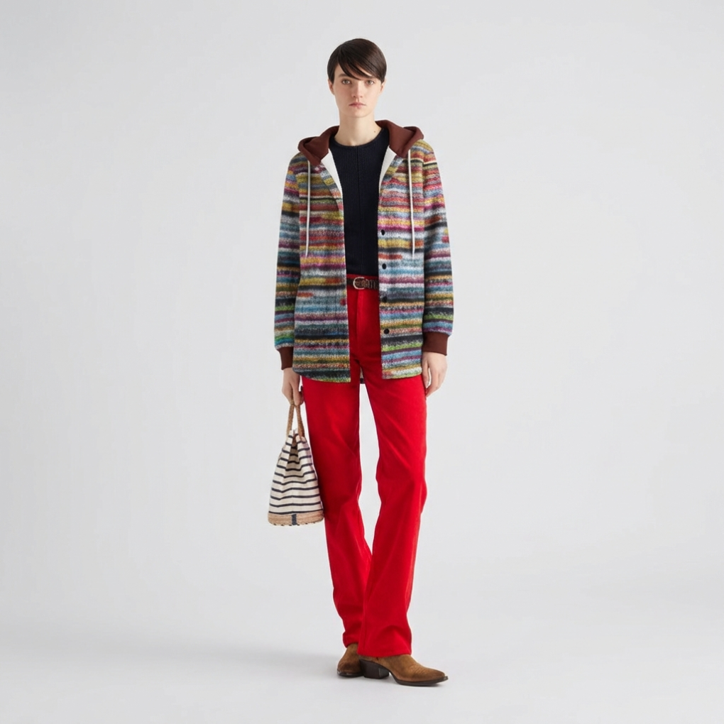 Dames comfortabel gebreid vest met capuchon, ideaal voor winterdagen. Casual multicolor vest met lange mouwen.