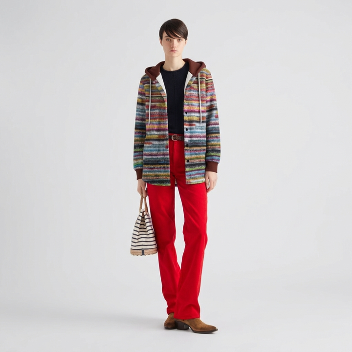Dames comfortabel gebreid vest met capuchon, ideaal voor winterdagen. Casual multicolor vest met lange mouwen.