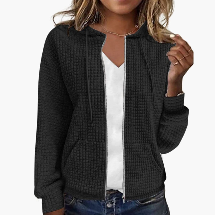 Dames comfortabele hoodie met rits, trekkoordkap en wafeltextuur, ideaal voor casual dagelijkse laagjes.