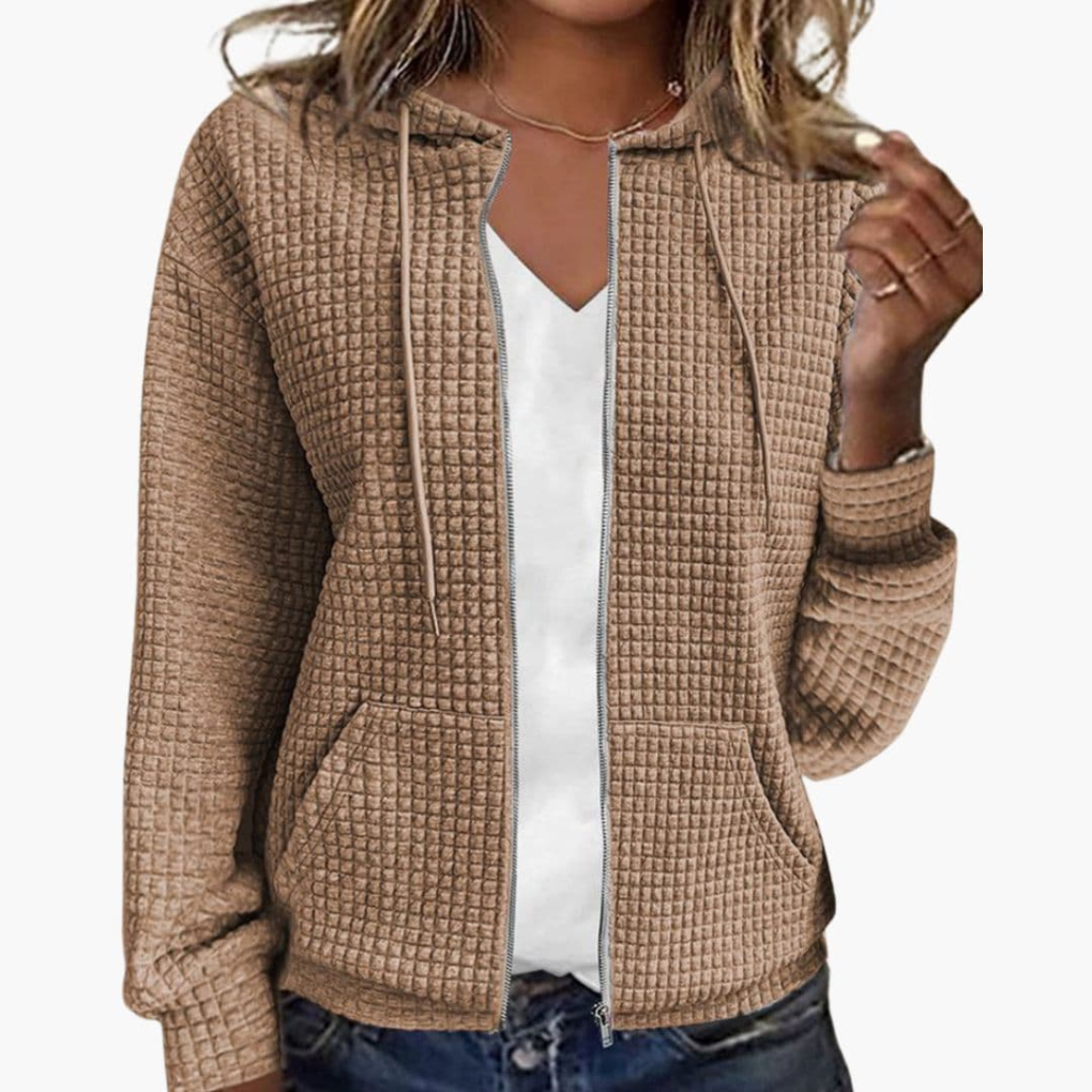 Comfortabele dames zip-up hoodie met zachte wafeltextuur en capuchon, ideaal voor een relaxte look.