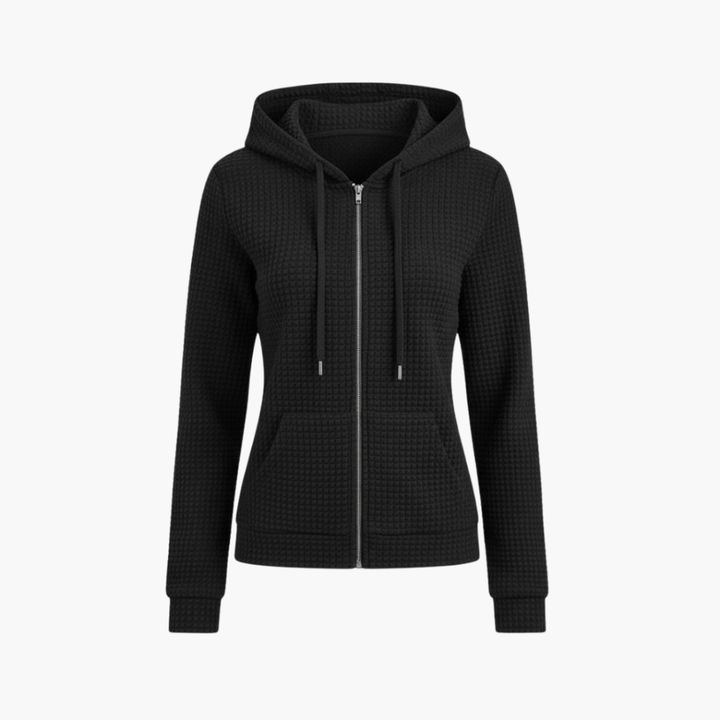 Dames hoodie met rits en trekkoordkap, comfortabel en makkelijk te combineren voor dagelijkse casualkleding.