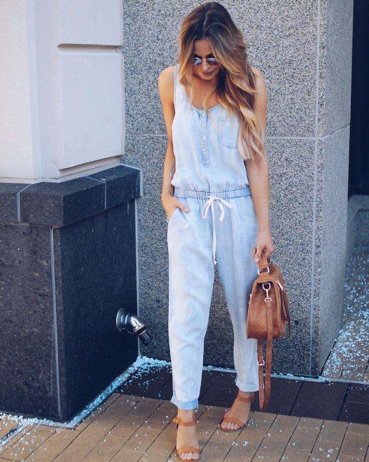 Veelzijdige comfortabele dames jumpsuit, mouwloos met trekkoord, casual voor lente en zomer outfits.