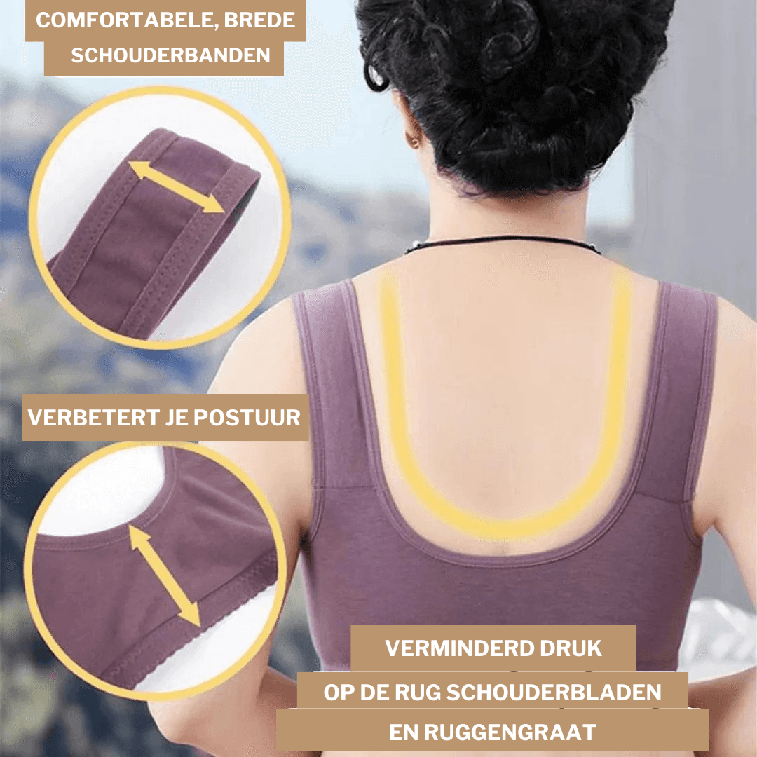 Ondersteunende dames bh zonder beugel van flexibel materiaal, comfy en praktisch met voorknoopsluiting.
