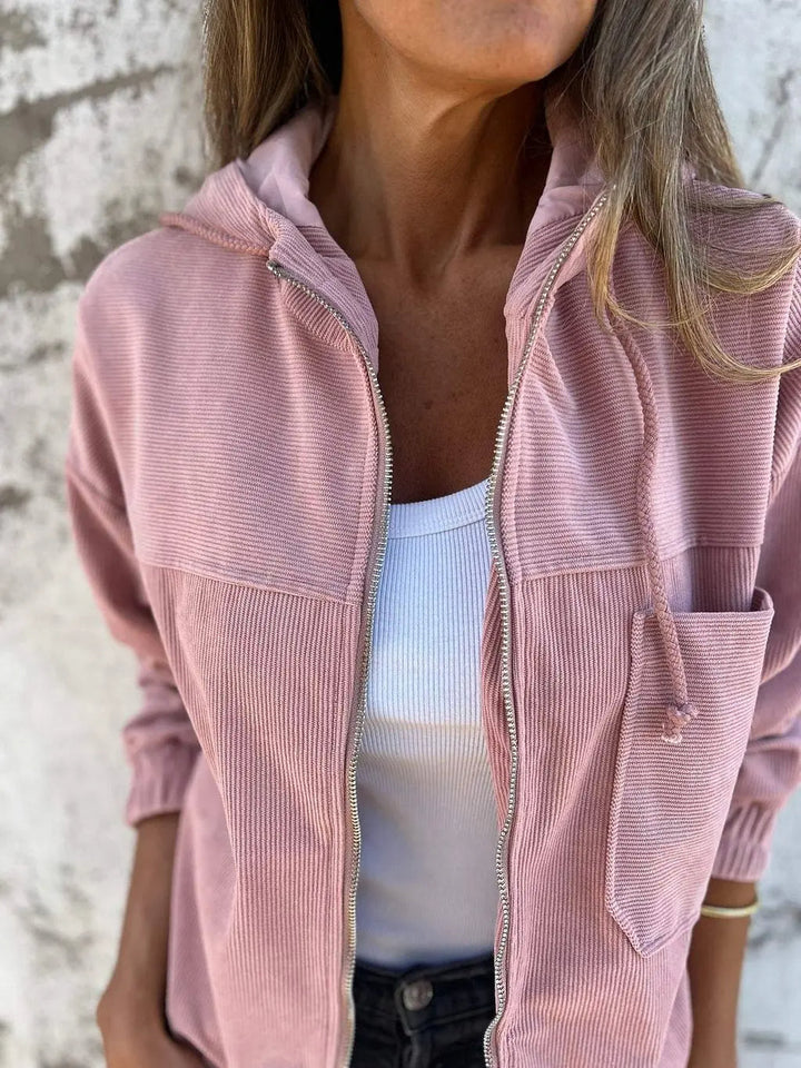 Duurzame corduroy jas voor dames met capuchon, stijlvolle bovenkleding voor herfst en winter.