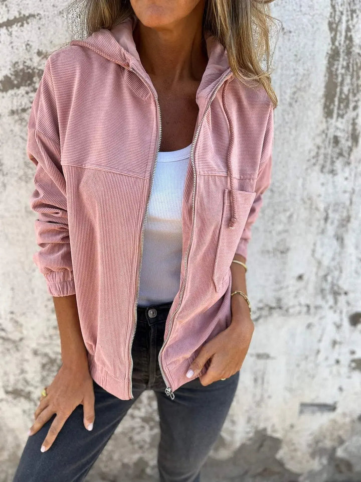 Comfortabele dames corduroy jas met warme capuchon, ideaal als herfstjas of winterjas.