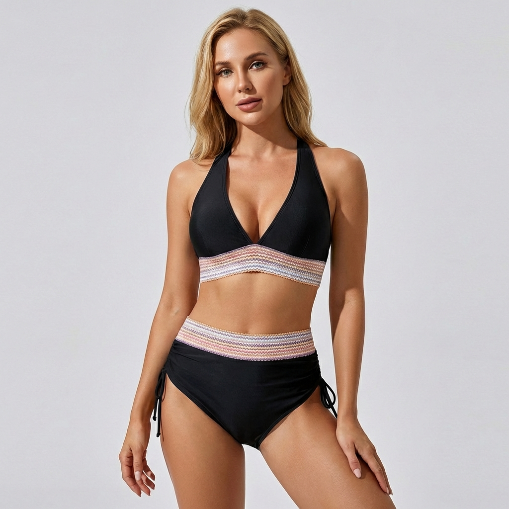 Dames corrigerende high-waist bikini met stijlvolle kleurblok details voor een perfecte pasvorm.