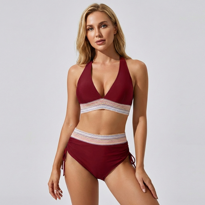 Stijlvolle bikini met buikcontrole: high-waist model in trendy kleurblok design voor dames.