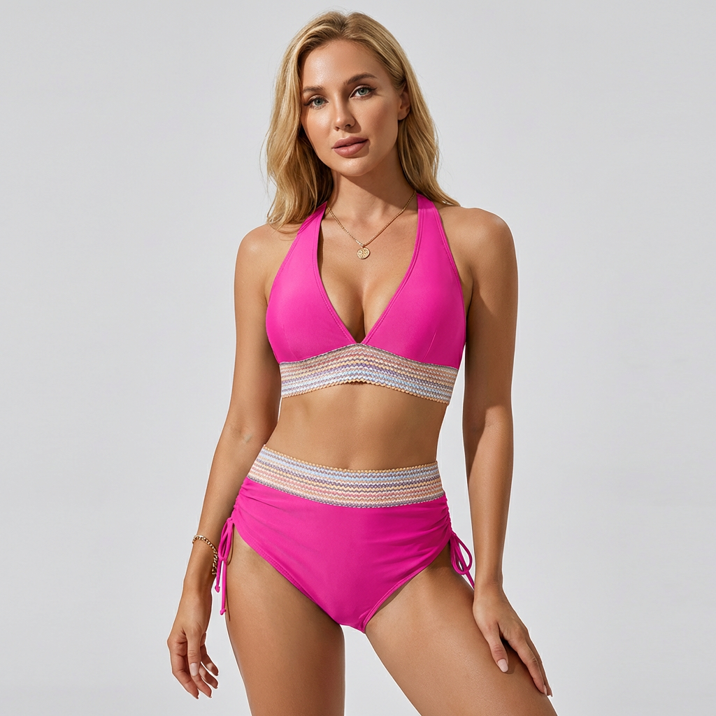 Comfortabele en flatterende high-waist bikini met buikcontrole, uitgevoerd in kleurblok stijl.