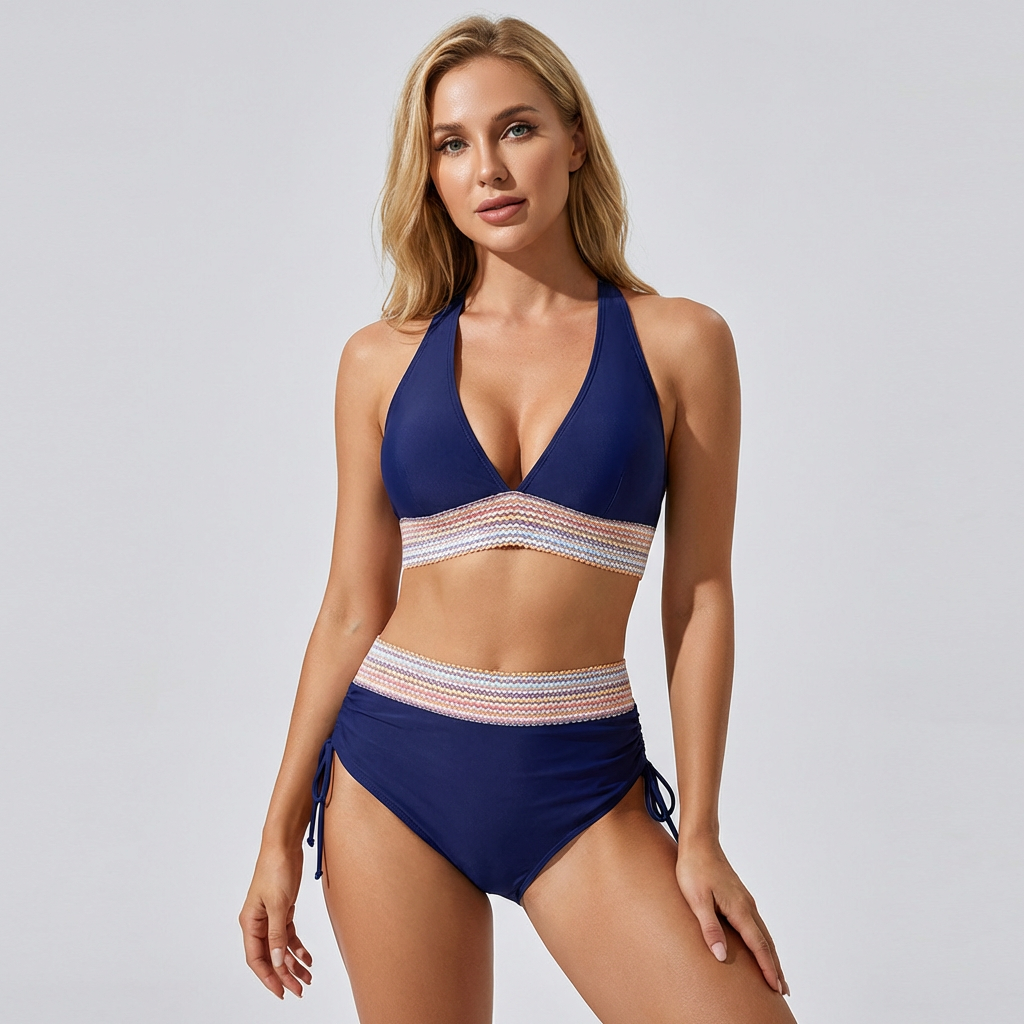 Zomerse strandkleding: corrigerende bikini voor dames met high-waist en chic kleurblok design.