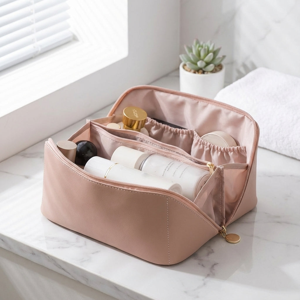 Dames draagbare cosmetica organizer van kunstleer, perfect voor make-up opslag. TidyBloom design.