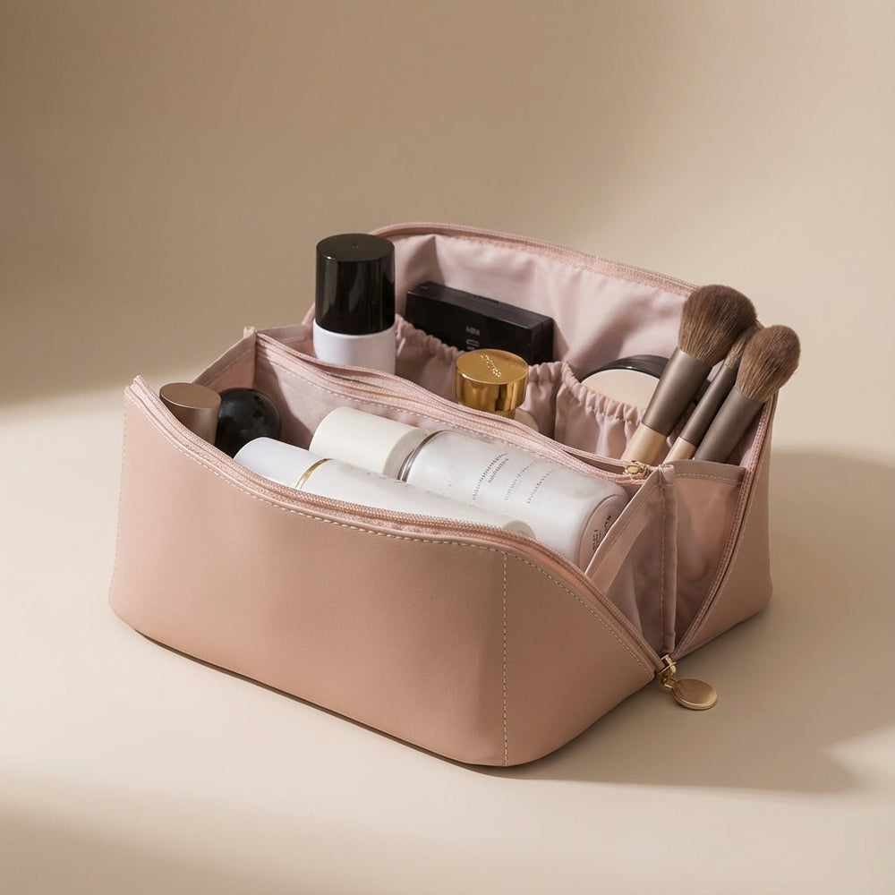 Roze draagbare toilettas van TidyBloom, ideaal als reisorganizer voor make-up en beauty producten.