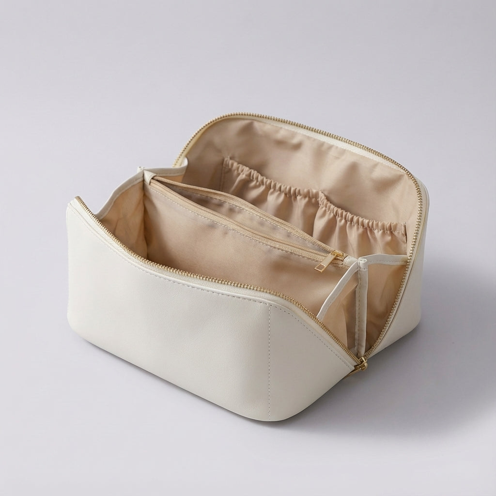 Bruine kunstleren make-up opbergtas, een veelzijdige draagbare cosmetica organizer voor dagelijks en reizen.