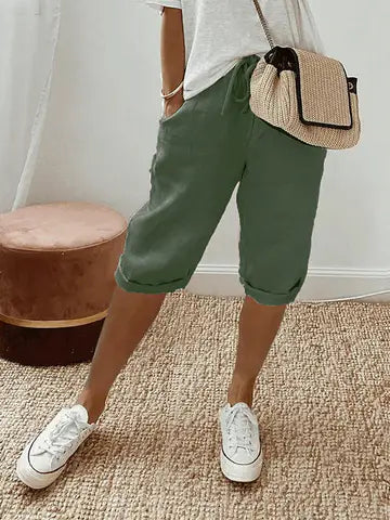 Comfortabele groene driekwart broek met elastische taille