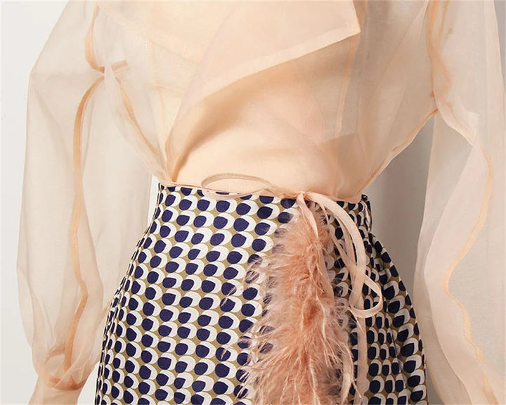 Dames rokset Maurelle: stijlvolle chiffon top en bijpassende rok met riem, een complete zomeroutfit.