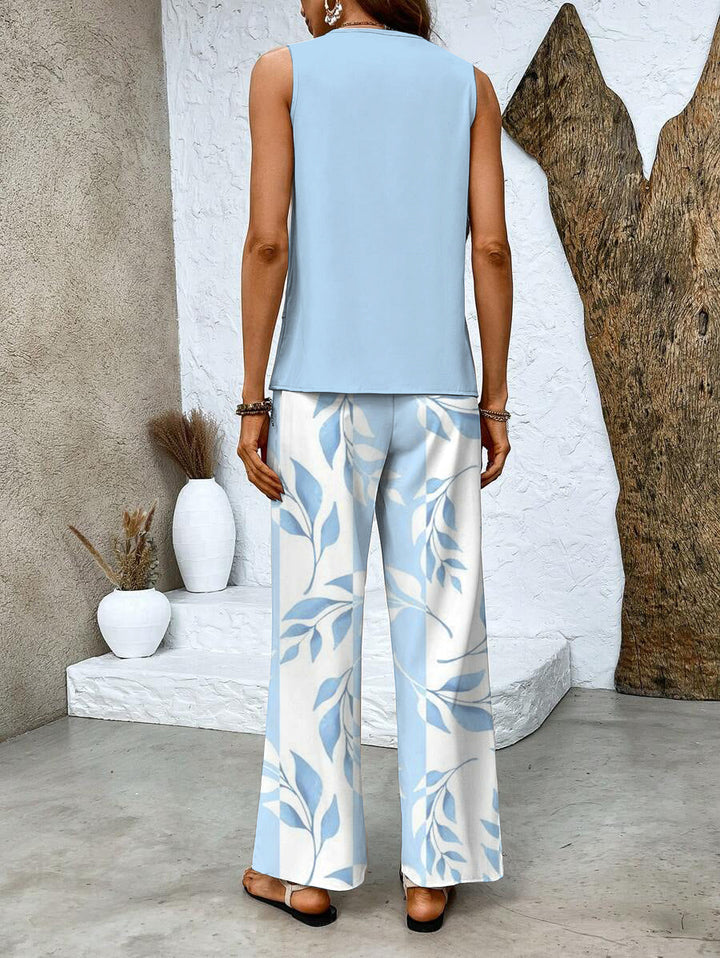 Elegante dames tweedelige set met luchtige top en wijde pijpen, ideaal voor een chique zomerlook.