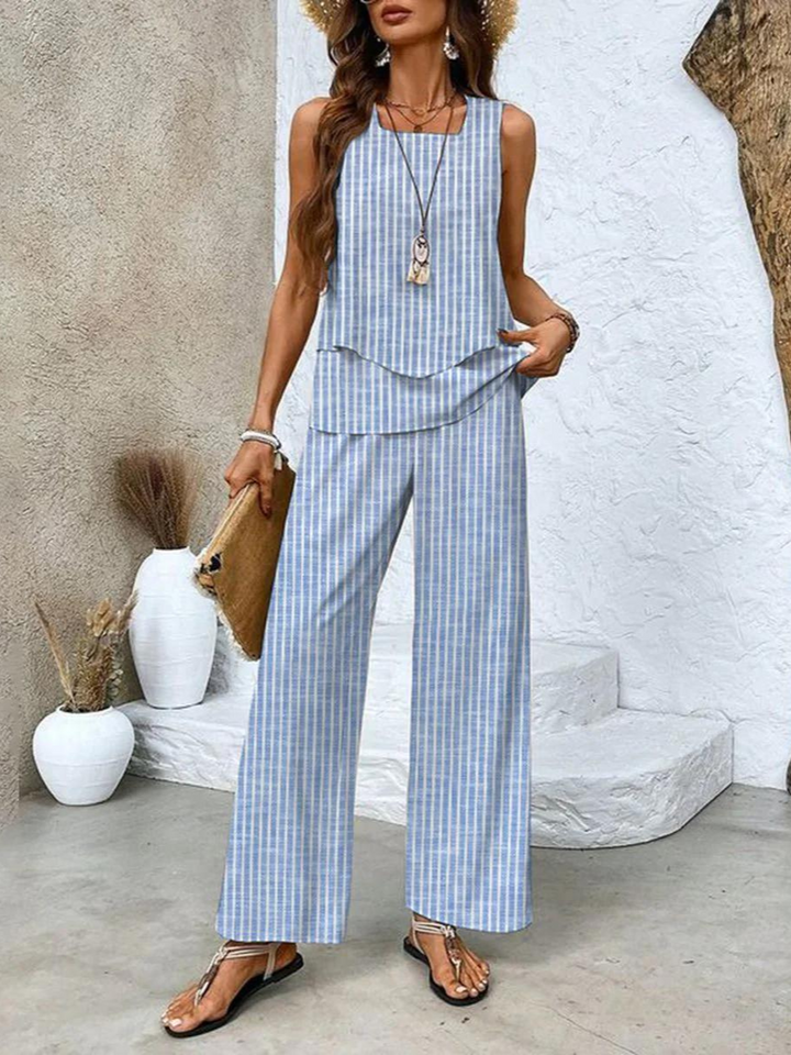 Trendy tweedelige dames set met hoogtaille broek met wijde pijpen, voor een comfortabele en modieuze uitstraling.