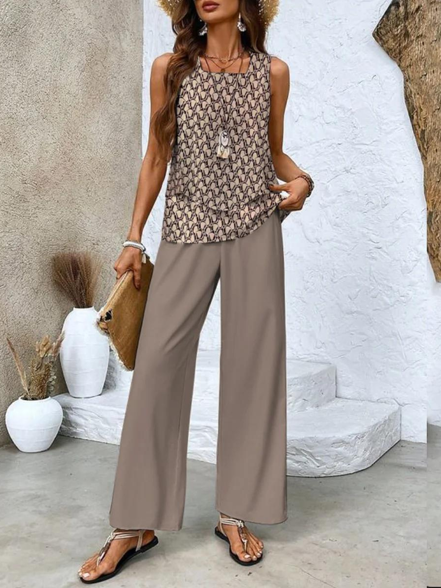 Zomerse dames tweedelige set: elegante top en wijde pijpen broek, combineert comfort met stijl.
