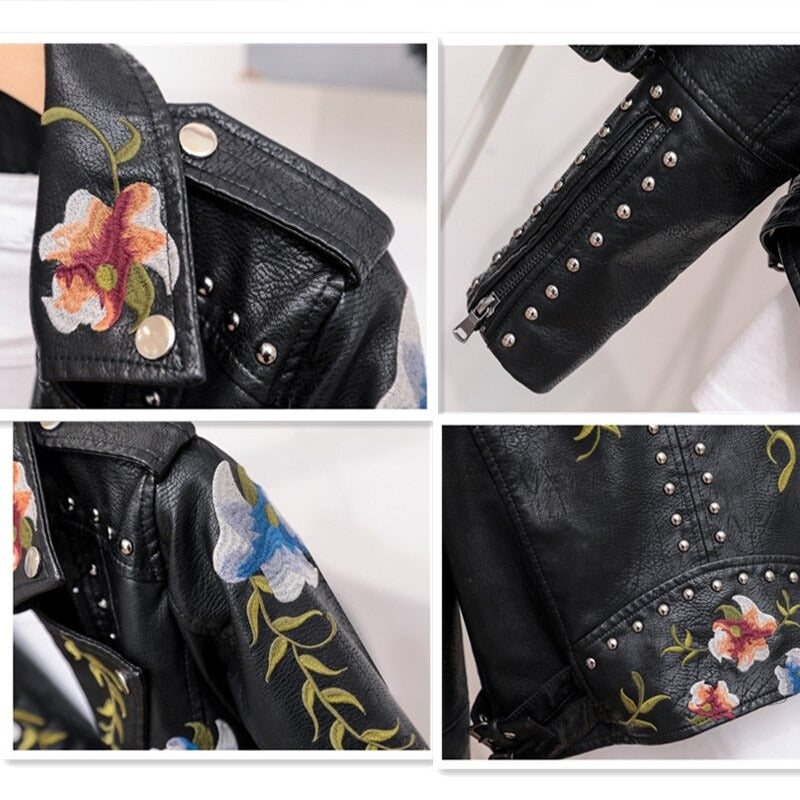 Stijlvol geborduurd dames bikerjack van kunstleer, perfect voor lente en herfst, Eleonora model.