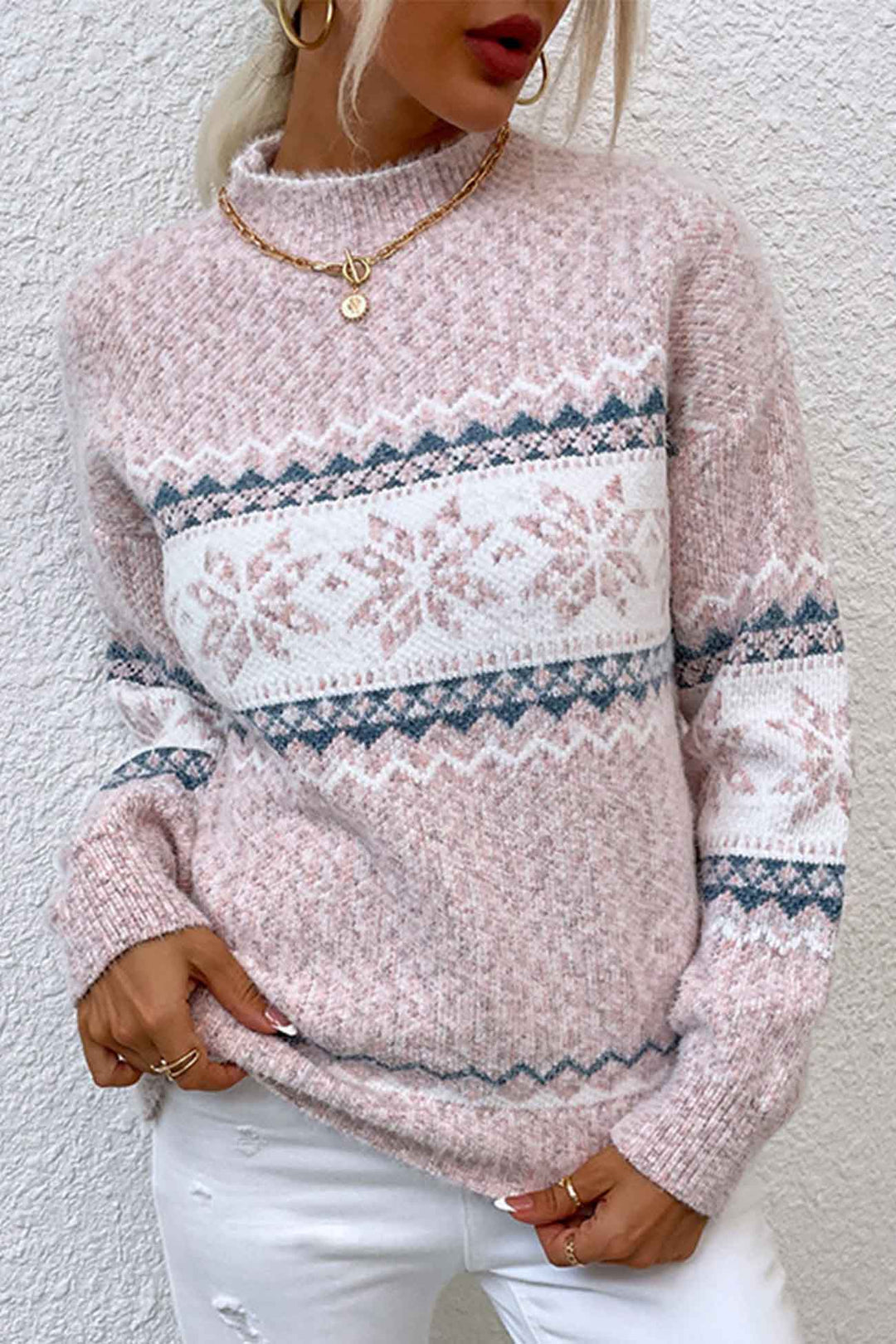 Dames Fair Isle trui met ronde hals, gebreid, meerkleurig, warm en stijlvol voor de winter.