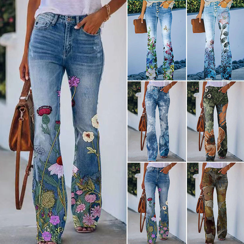 Dames flare-jeans met hoge taille en 4 knopen, klassieke spijkerbroek voor damesmode.