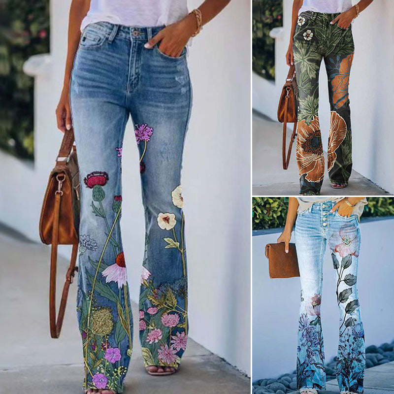 Stijlvolle dames flare-jeans, hoge taille en 4 knopen, comfortabel & trendy retrojeans.