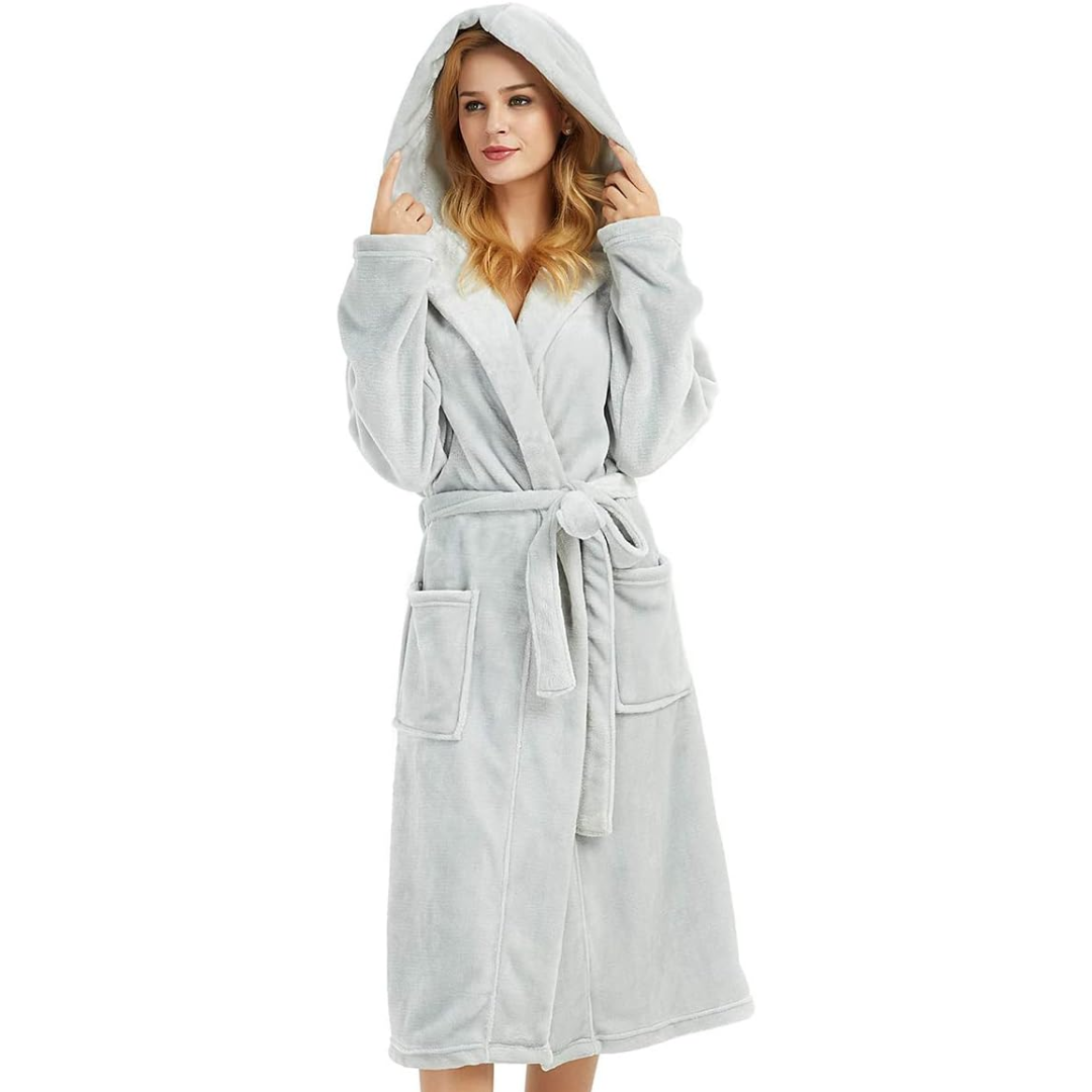 Elegante dames fleece badjas met ceintuur en capuchon, zacht en warm.