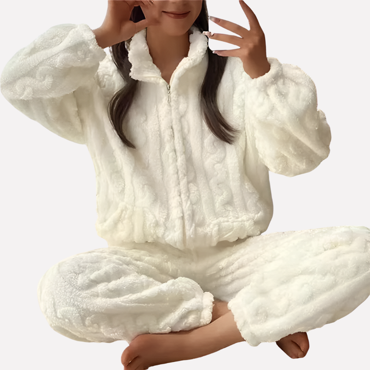 Warme dames fleece pyjama set met lange mouw en broek, zachte nachtkleding voor comfort thuis.