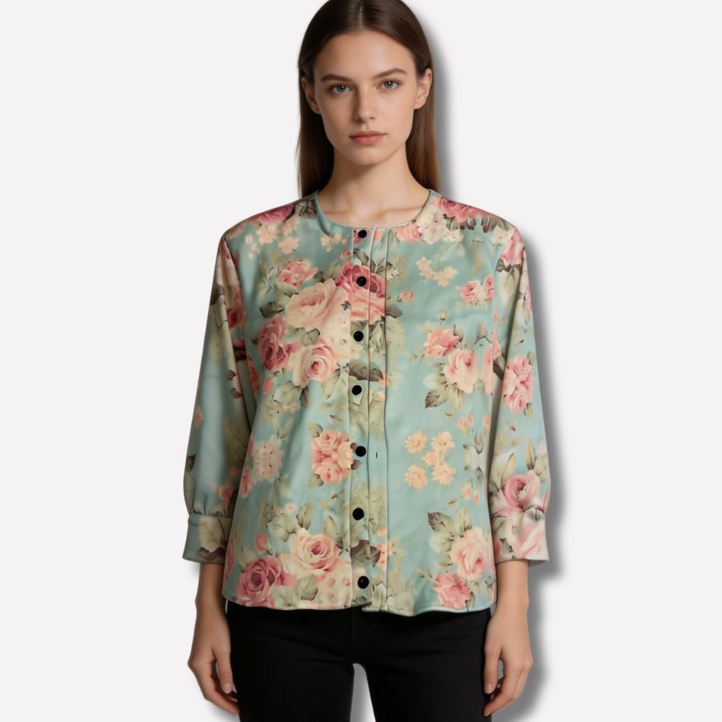 Comfortabele gebloemde dames cardigan, achterkant zichtbaar. Multikleurige bloemenprint, elegant en geschikt voor grote maten.