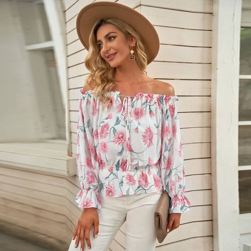 Fijne dames chiffon blouse met bloemen, elegante ruchesmouwen; ideaal voor zomer en lente.