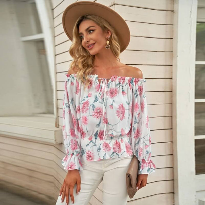 Fijne dames chiffon blouse met bloemen, elegante ruchesmouwen; ideaal voor zomer en lente.