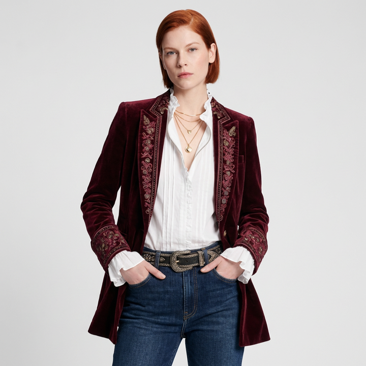 Dames geborduurde lange blazer jack, elegant en veelzijdig voor formele of smart casual gelegenheden.